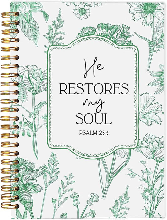 Christian Notebook for Women, Christian Art Gifts Journal, Prayer Journal for Women, Bible Journaling Notebook, PSALM 23:3 He Restores My Soul Floral Spiral Notebook 5.5x8.3 - Bloomnest