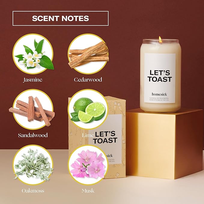 Homesick Scented Candles for Home (Let's Toast) - 13.75 oz Long-Lasting Soy Wax Blend Jar Candle Gifts for Women & Men for All Occasions, 60-80 Hours Burn Time - Notes of Mandarin & Grapefruit - Bloomnest