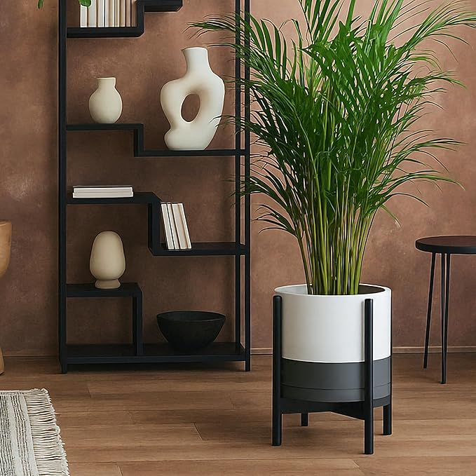 D'vine Dev Ceramic Planter with Ebony Stand - 12 Inch Modern Round Flower Pot with Wood Planter Holder, White/Grey, 55-B-H-6 - Bloomnest