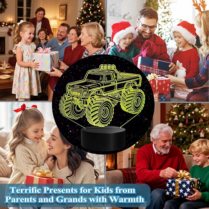 Monster Truck Night Light, Monster Truck Gifts, 3D Illusion Lamp with Remote Control, 16 RGB Colors, 4 Flashing Modes, Timer, Dimmable, Kids Room Decoration for Holiday Birthday Christmas - Bloomnest