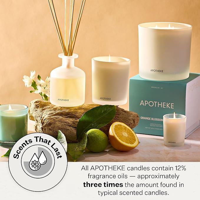 Apotheke 3-Wick Scented Candles for Home, Orange Bloom Neroli - 26 oz Soy Wax Jar Candle Gift for Women - Long-Lasting Fragrance with Perfume-Grade Essential Oils - Sandalwood, Musk, Neroli & Orange - Bloomnest