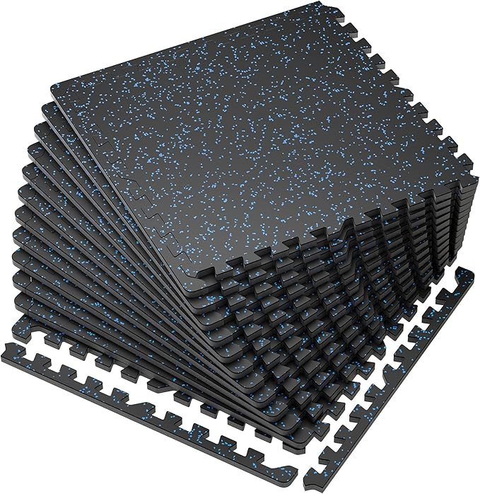 SUPERJARE 0.56'' Thick 12 Pcs 48 Sq Ft Rubber Top Exercise Equipment Mats, High Density EVA Foam Mats with Rubber Top, Interlocking Gym Flooring for Home Gym, Protective Workout Mat, Black/Blue - Bloomnest