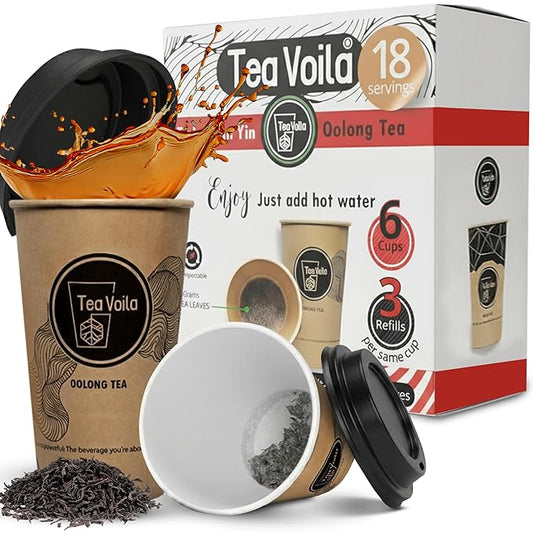 TeaVoila Instant Brew Tea in A Cup - Organic Loose Leaf Oolong Tea – Tea Infuser Built In Biocompostable 6 Cups, Each Refillable 3x, 18 Servings in Total – No Tea Bags Needed, For Office & Travel