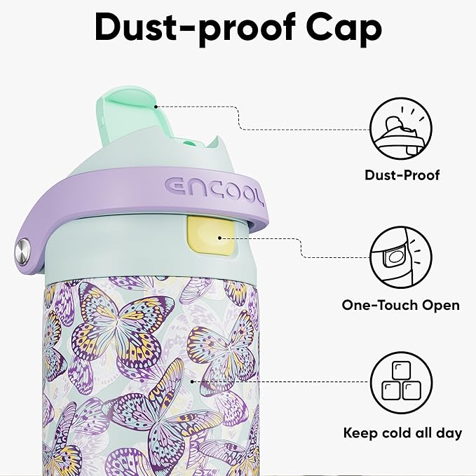 ENCOOL Leakproof Insulated Water Bottle with Straw Dual-Sip Water Bottle Bag-Safe Design for Work, Commute & Gym – Keeps Drinks Cold All Day, 24 oz, Mosaic Butterfly ENCOOL