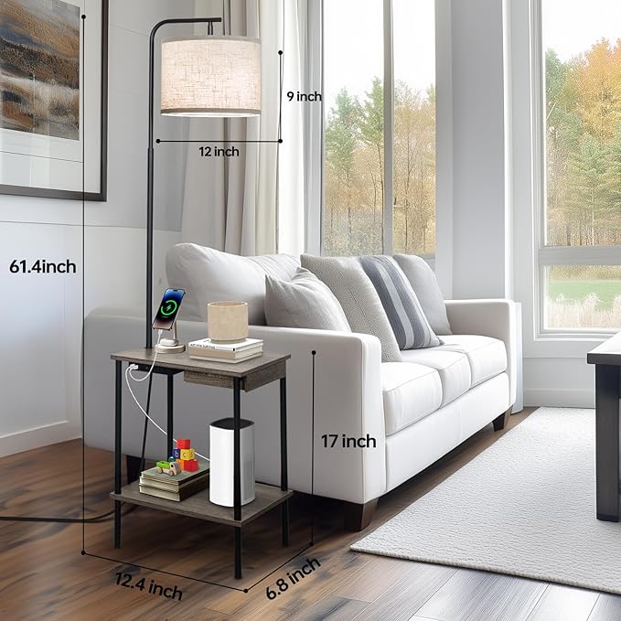 Floor Lamp with Table & Drawers, End Table Lamp with USB Charging Portt Power Outlet and Shelves, Side Table Reading Light with 3 Color Temperature Led Bulb Included for Living Room, Gray - Bloomnest