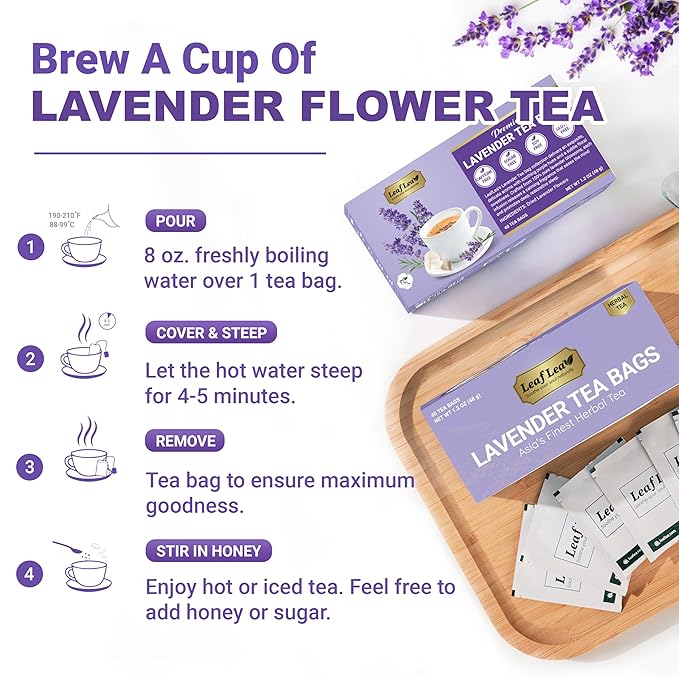LeafLea 40 Premium Lavender Tea Bags, Natural Lavender Flowers, Lavendar Herbal Tea with Delicate Floral Aroma & Smooth Flavor, Relaxing Evening Infusion, No Caffeine, No Sugar, Individually Wrapped - Bloomnest