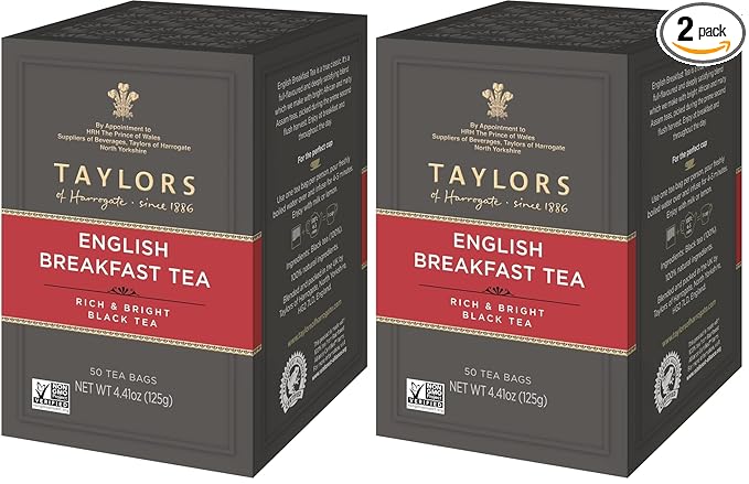 Taylors of Harrogate English Breakfast,Black Tea,Pillow Tea Bags,Rich,Bright & Malty,Caffeinated,Enjoy Hot or Iced,50 Teabags,50 Count (Pack of 2) - Bloomnest