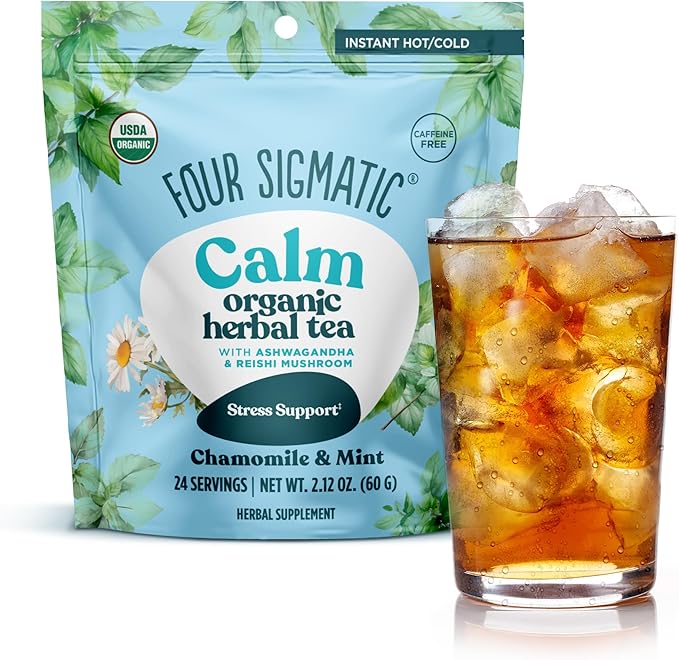 Four Sigmatic Calm Organic Herbal Tea | Stress Relief Tea with Ashwagandha & Reishi | Instant Adaptogenic Drink for Relaxation | Vegan, Gluten-Free | Chamomile & Mint, 24 Servings - Bloomnest