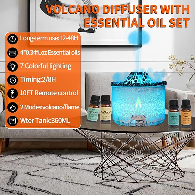 BOHOFAM Essential Oil Diffuser 360ML,Volcano and Flame Diffuser/Humidifier 2 Mode,Diffusers for Home with 7 Colorful Light,Included 4 Hotel Collection Diffuser Oil for Bedroom(White Translucent) - Bloomnest