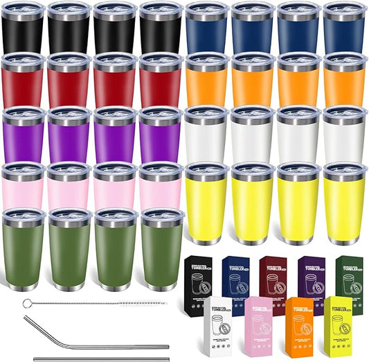 36 Pack, 20oz Stainless Steel Bulk Tumblers with Lids and Straws, Leakproof Double Wall Travel Mug for Hot/Cold Drinks, Home Office Outdoor Party, Durable Powder Coated Insulated Cup/Mix Color - Bloomnest