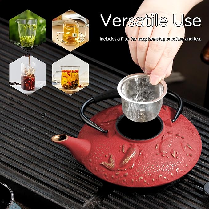 Cast Iron Teapot Set with 2 Tea Cups, 7Pcs Japanese Tea Kettle with Stainless Steel Infuser, Tea Pot Coated with Enameled Interior, Fish Pattern, 27oz 780ml Red - Bloomnest