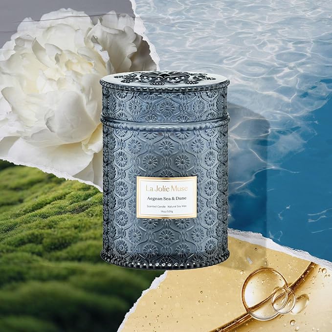 LA JOLIE MUSE Aegean Sea & Dune Candle –Cool Water, White Florals & Warm Amber | 19 oz Large Wooden Wick Candle | Natural Soy Wax | 90 Hours Clean Burn | Gift-Ready for Hosts & Gatherings - Bloomnest