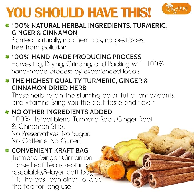 TOG999, Premium 6oz/100 cups Ginger Turmeric Cinnamon Loose Leaf Herbal Tea. Improve Digestion, Support Brain, Weight, Skin and Sleep. Premium Quality Spiced Blend. No Sugar, No Caffeine, No Gluten, Vegan. - Bloomnest