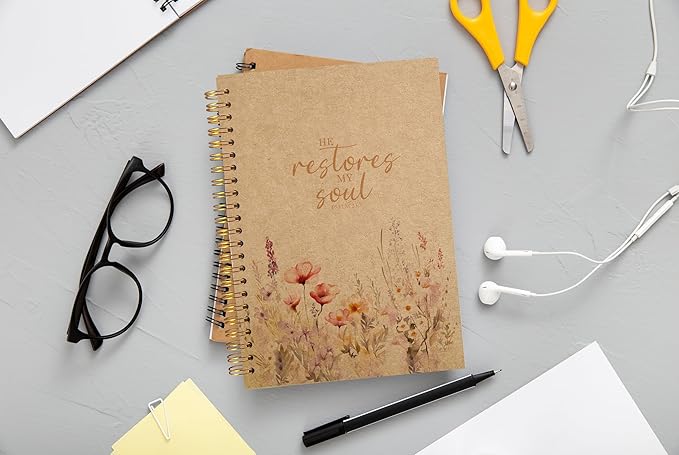 Christian Notebook for Women, Christian Art Gifts Journal, Prayer Journal for Women, Bible Journaling Notebook, PSALM 23:3 He Restores My Soul Floral Spiral Notebook 5.5x8.3 Kraft Paper - Bloomnest