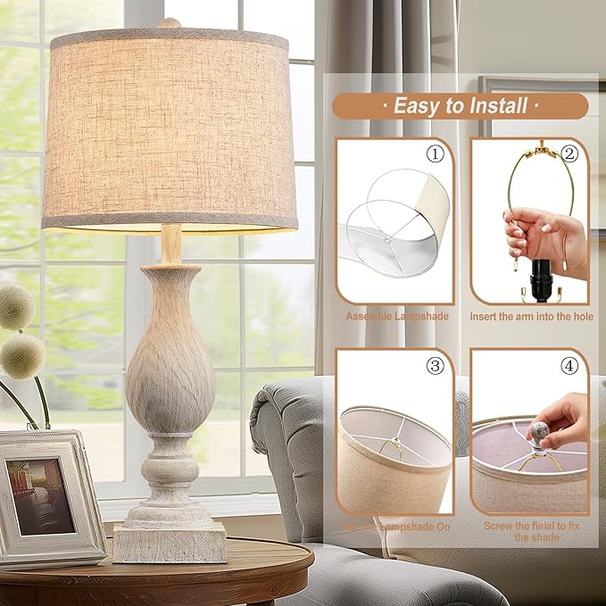 28'' Tall Farmhouse Table Lamps for Living Room, Bedroom Lamps Set of 2 with USB C+A Charging Ports, Rustic Farmhouse Nightstand Lamps for Bedside, Traditional Side Table Lamp with Fabric Shade - Bloomnest