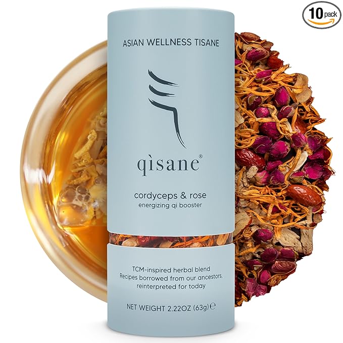 qìsane Cordyceps Tea Bags with Dried Rose Buds - Adaptogenic Cordyceps Mushroom Flowers, Dried Roses, Astragalus Root & Codonopsis Root Helps Boost Qi & Balance Body & Spirit - 10 sachets (~30 cups) - Bloomnest