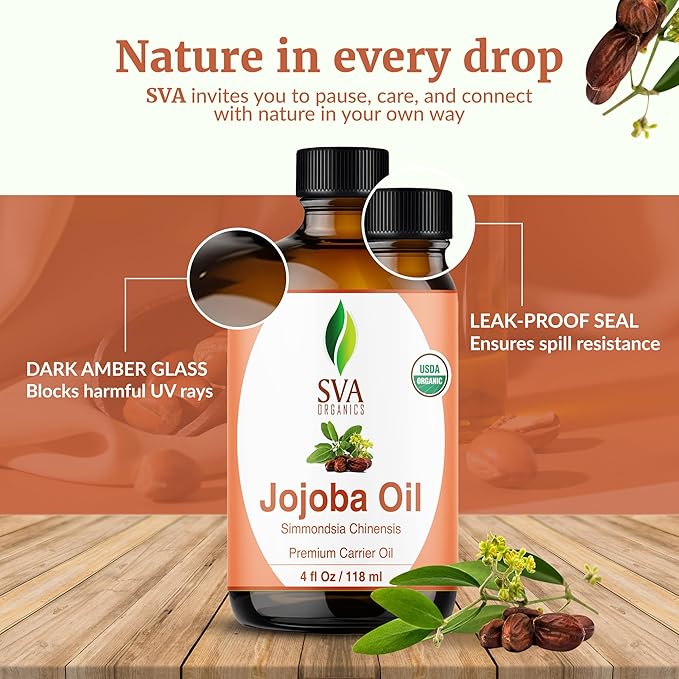 SVA Jojoba Seed Oil Organic - 4 Fl Oz – 100% Natural Cold Pressed Organic Jojoba Oil - for Face, Skin Care, Hair Care, Scalp Massage & Body Massage – Carrier Oil with Dropper - Bloomnest