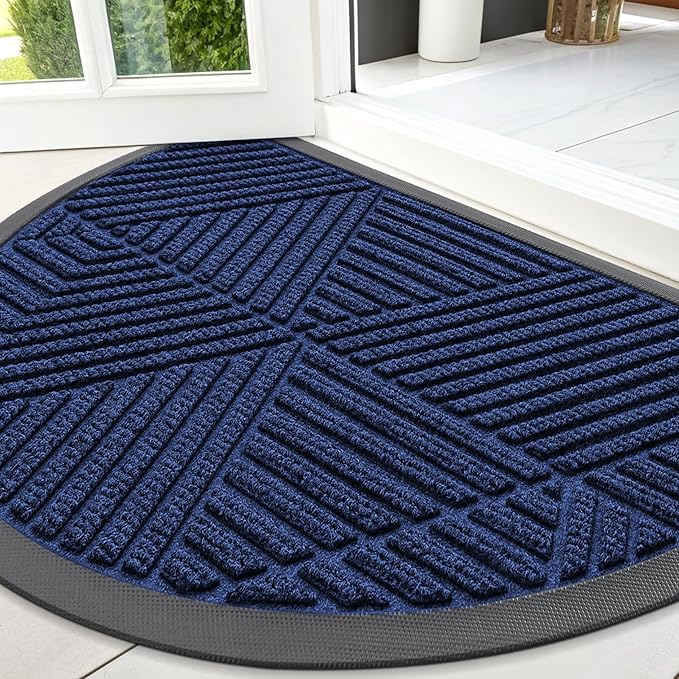 Smiry Half Circle Front Door Mat Outside Entrance, Heavy Duty Sturdy Natural Rubber Doormat, Trap Dirt and Moisture, Low Profile Mats for Indoor Outdoor Entry, Irregular Triangle (47x32, Navy Blue) - Bloomnest