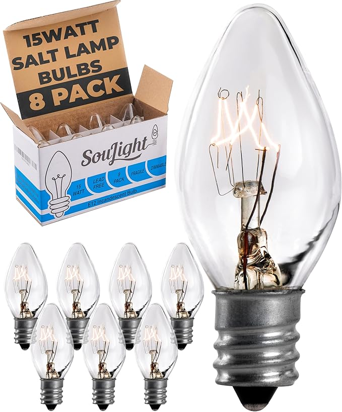 SouLight Salt Lamp Light Bulb - 15 Watt Replacement Bulbs for Himalayan Salt Lamps & Baskets, Chandeliers, Candle & Wax Warmers, Night Light Bulbs. E12 Socket, C7, Warm White – 8 Pack - Bloomnest