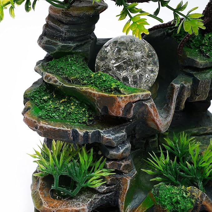 Resin Rockery Tabletop Fountain with Sparking LED Lights and Simulation Lifelike Landscape, Rotating Ball Water Fountains Indoor Desktop Fountain for Home Decor Gift Office Bedroom Decoration