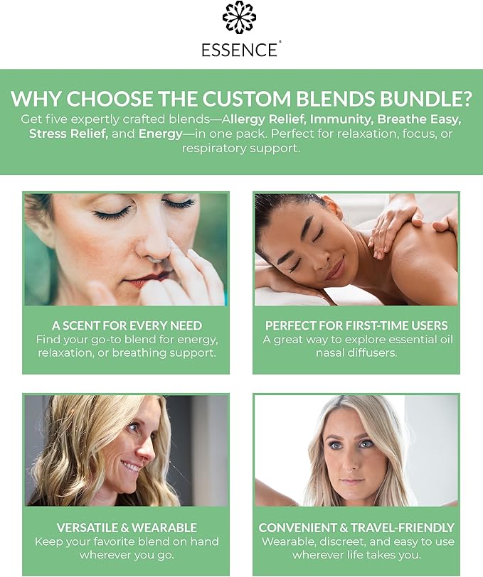 Essence Nasal Diffuser Custom Blends Bundle – Essential Oil Silicone Nose Rings for Energy, Immunity, Stress & Allergy Relief – Wearable Aromatherapy for Daily Wellness & Relaxation - Bloomnest