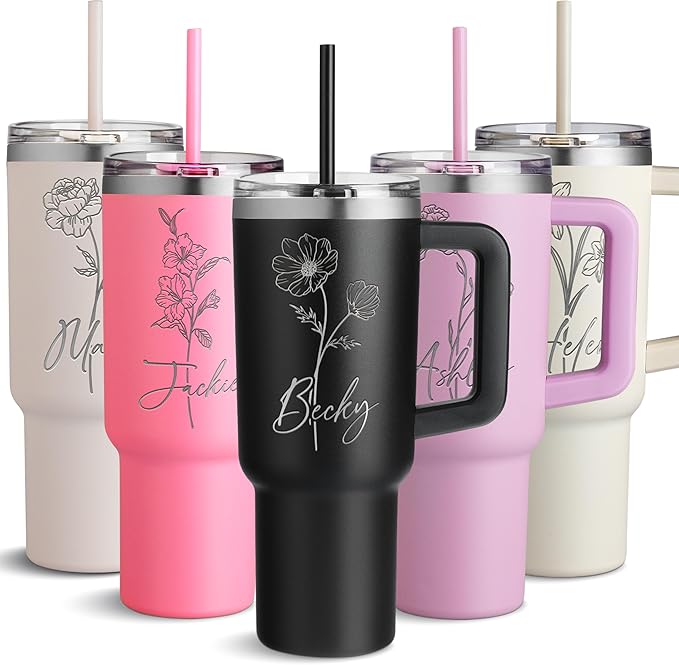 40 Oz Insulated Tumbler with Handle and Straw - Personalized Name and Birth Month Flower Stainless Steel Mug - Birthday Gifts for Women, Black - Bloomnest