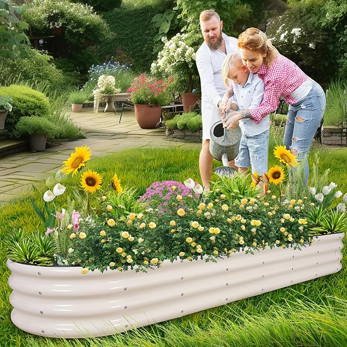 1MORE Galvanized Raised Garden Bed- Planter Garden Boxes Outdoor, Raised Beds for Gardening, 8x2x1ft Metal Garden Bed Kit for Vegetables Flower, Planter Raised Beds with Protective Tape & Tools.White - Bloomnest