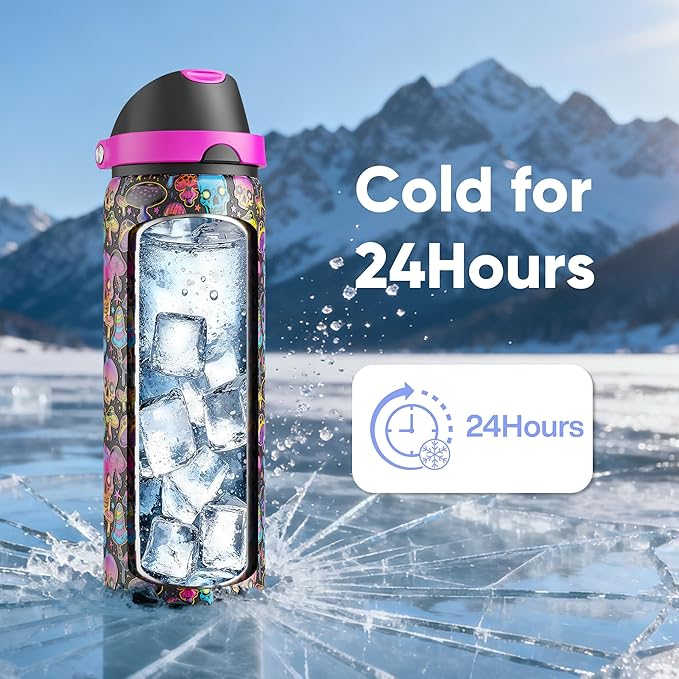 Insulated Water Bottle with Straw - Encool Stainless Steel Water Bottle with Push Button Lid, Leak-Proof & BPA-Free, Keeps Cold for 24 Hours for Sports, Travel, Gym (32 oz, Trippy Skulls) ENCOOL