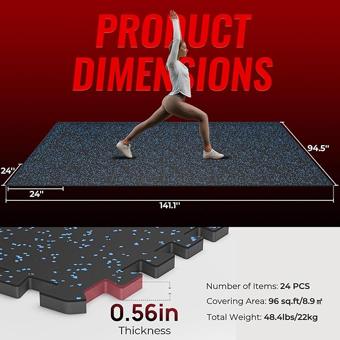 SUPERJARE 0.56'' Thick 24 Pcs 96 Sq Ft Rubber Top Exercise Equipment Mats, High Density EVA Foam Mats with Rubber Top, Interlocking Gym Flooring for Home Gym, Protective Workout Mat, Black/Blue - Bloomnest
