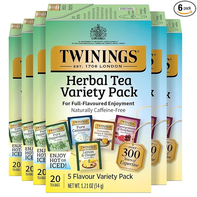 Twinings Herbal Tea Variety Pack, 20 Count (Pack of 6), Formerly Assorted Herbal, Includes 5 Flavours, Naturally Caffeine-Free, Enjoy Hot or Iced, 120 Teabags - Bloomnest