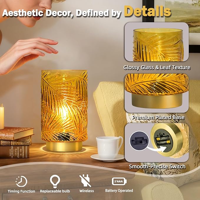 Battery Operated Table Lamp, Cordless Lamps for Home Decor, Battery Powered Nightlight with LED Bulb with Timer, Decorative Lights for Living Room Bedroom Tabletop Entryway Centerpiece Gift(S Yellow) - Bloomnest