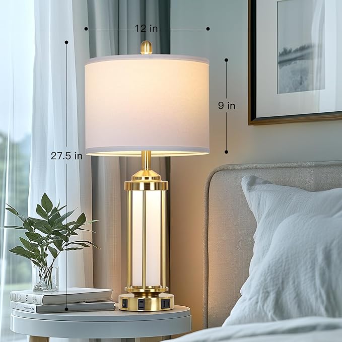 Modern Table Lamps, Gold 27" Industrial Table Lamp Set of 2 with USB A+C Charging Ports & AC Outlet, Farmhouse Rustic Beside Lamp for Living Room Bedroom Office End Table(4 LED Bulbs Included) - Bloomnest
