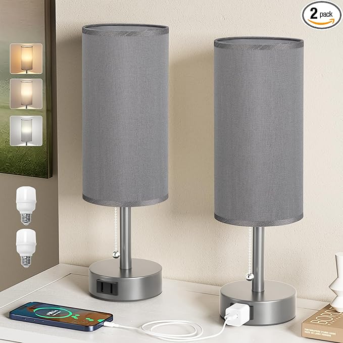 Fenmzee Dark Grey Bedside Table Lamps Set of 2-3 Color Temperatures Pull Chain Lamp with AC Outlet Charging Port, Small Round Night Stand Lamps for Bedroom, Bed Side Light with E26 LED Bulbs - Bloomnest