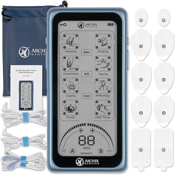 Dual Stim Touch TENS/EMS Unit – Rechargeable Touchscreen Muscle Stimulator with Dual Output Ports and 32 Massage & Stimulation Modes – Durable, Portable, Professional Quality Device