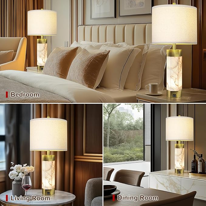 Natural Alabaster Table Lamps Set of 2,Table Lamp with Night Light for Living Room,Nightstand Lamp with USB Ports,Bedside Lamp with Linen Fabric Shade for Bedroom,Living Room,Office,Bar(Bulb Included) - Bloomnest