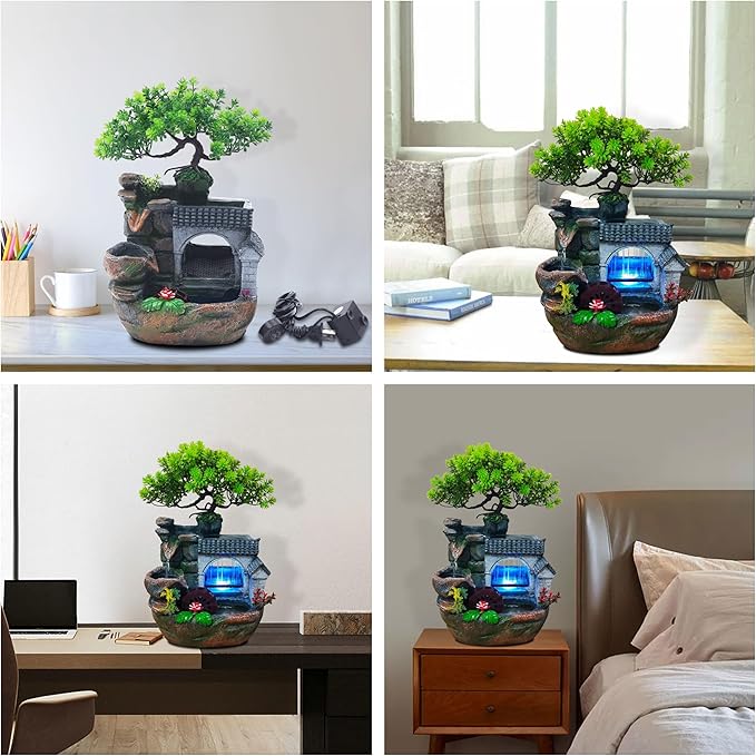 11" Desktop Fountain Rock Waterfall Humidifier with Artificial Tree &LED Light, Tabletop Water Fountains Indoor Fake Plant Bonsai Tree Feng Shui Decoration for Aquariums Office Bedroom Home Décor - Bloomnest