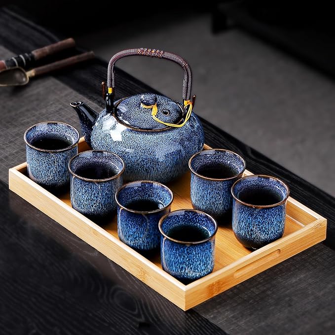 Traditional Japanese tea set, Kiln altered glaze Porcelain tea set with 1 teapot (23.5oz/700ml), 6 teacups (4oz/120ml), 1 Tea Tray,Japanese teapot set, Asian tea sets (Kiln altered Blue) - Bloomnest