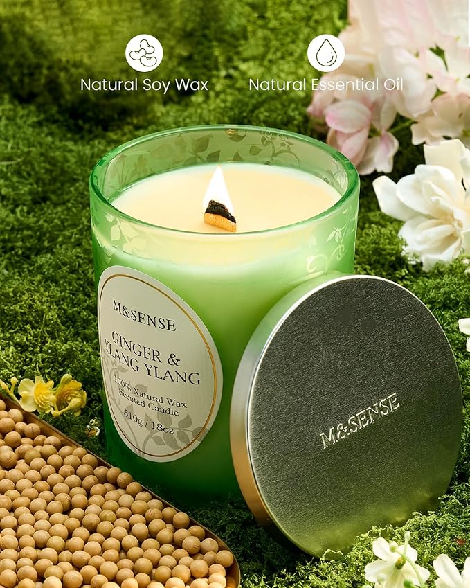 M&SENSE Ginger Ylang Ylang Scented Candle, Cracking Wooden Wick Soy Wax, 18oz 100 Hours Long Lasting Clean Burn, Large Jar Candles for Home Decor, Non-Toxic Relaxing Aromatherapy Gifts for Women - Bloomnest