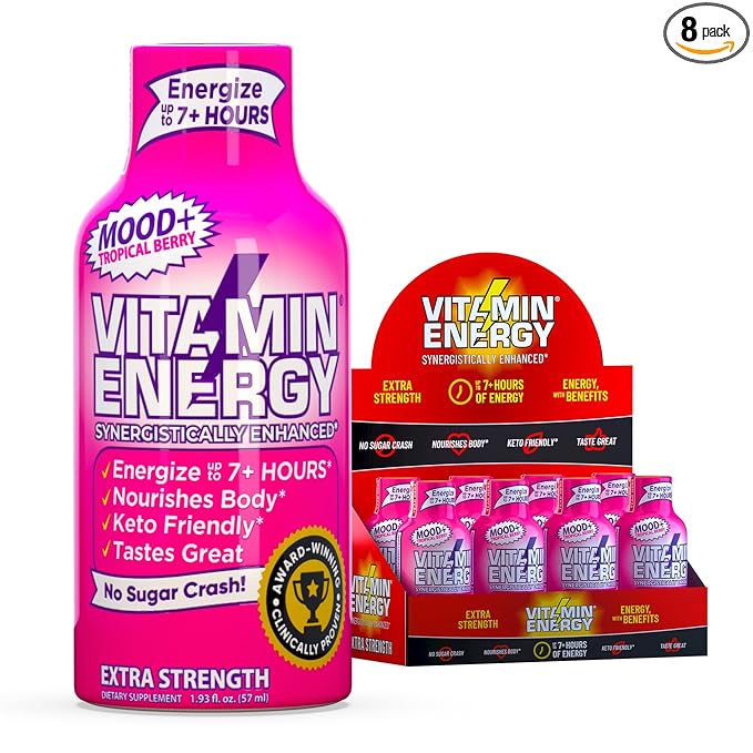 Vitamin Energy Mood+ Extra Strength Energy Shot Tropical Berry 8 Pack, 260mg Natural Caffeine, B-Vitamins, Rhodiola, Chamomile, Mood & Energy Support, Zero Sugar, Gluten-Free, Vegan, 1.93 fl oz - Bloomnest