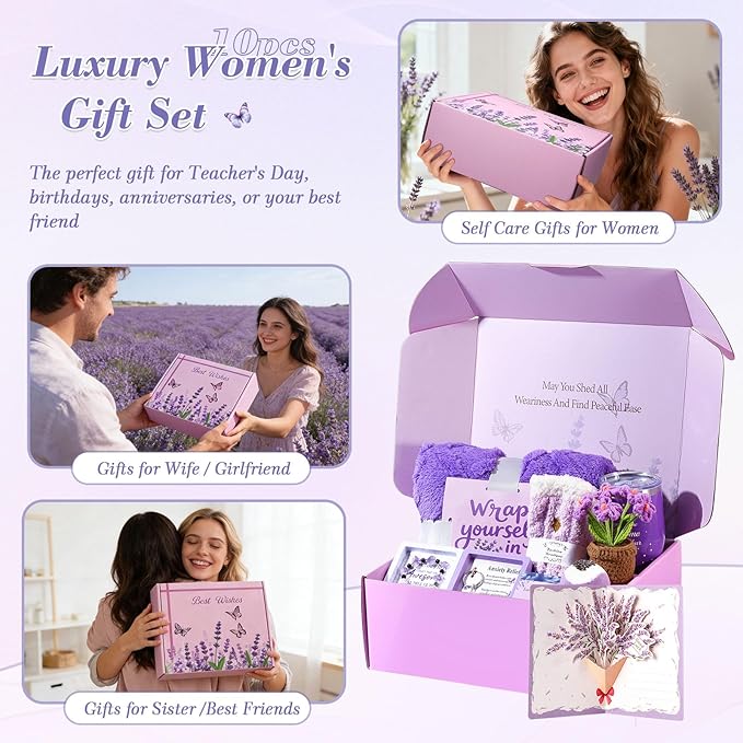 Valentines Day Gifts for Her Birthday Gifts for Women ,Self Care Get Well Soon Gifts Baskets Lavender Spa Kit Bath Set Gifts for Mom Girlfriend Wife Daughter Sister Best friend w/ Blanket - Bloomnest