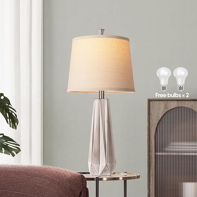 WIHTU 3 Color Temperature Table Lamps Set of 2, Beside Lamp with Linen Shade, 27'' Light Wood Color Modern Table Lamp for Living Room, Resin Desk Lamp for Nightstands Bedroom Decor (2 Bulbs Included) - Bloomnest