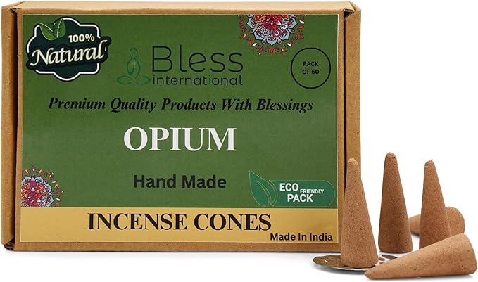 Bless International Opium 100%-Natural-Incense-Cones Handmade-Hand-Dipped Organic-Chemicals-Free for-Purification-Relaxation-Positivity-Yoga-Meditation The-Best-scents (60 Count)