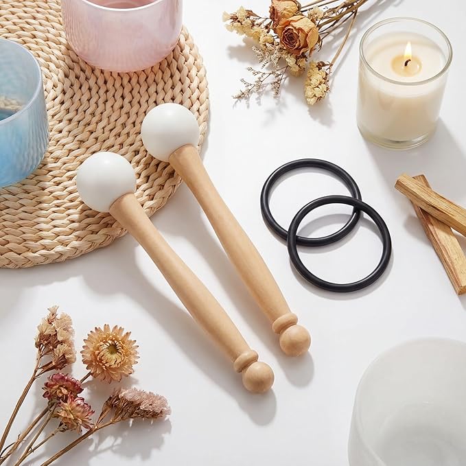 Nuanchu 4 Pcs Crystal Singing Bowl Mallet Bowl Striker and O Ring Set, Include 2 Rubber Head Wood Handle Mallet with 2 Rubber O Rings for Playing Crystal Singing Tool Buddhist Meditation Yoga - Bloomnest