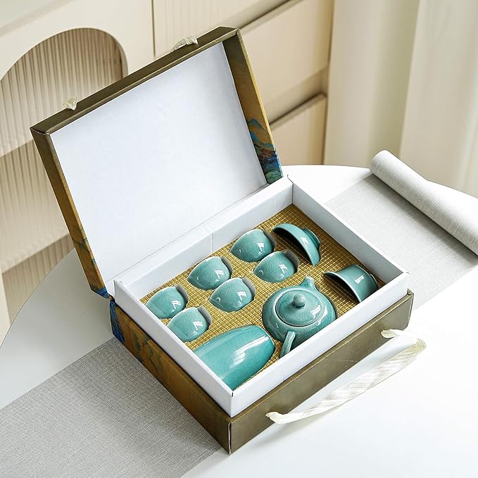 Chinese Tea Set, 10-Piece Ceramic Set with Teapot and Cups, Gongfu Tea Set,Tea Gift Sets,Outdoor and Office (Ge Kiln Green) - Bloomnest