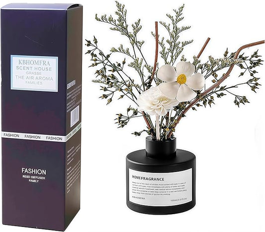 Reed Diffuser Set with Dried Flowers, 3.38fl.oz Fragrance Diffuser with Sticks, Scented Sticks Aroma Diffuser, Home & Office Décor for Air Fresheners, Bathroom (Jasmine Tea) - Bloomnest