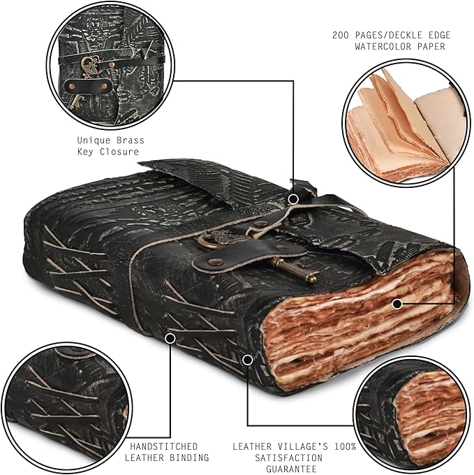 LEATHER VILLAGE Genuine Leather Handmade Journal for Men & Women – Vitruvian Man Embossed Cover – Key Closure – Book of Shadow – Vintage Deckle Edge Paper for Writing, Drawing – 7x5 Inches – Black - Bloomnest