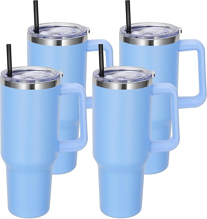 DOMICARE 40 oz Tumbler with Handle and Straw, Stainless Steel Tumbler with Lid and Straw, Reusable Vacuum Insulated Cup, Travel Coffee Mug, Blue, 4Pack - Bloomnest
