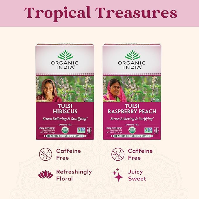 ORGANIC INDIA Tulsi Hibiscus Tea Bags - Holy Basil Herbal Tea, Stress Relieving, Calming, Immune Support, USDA Organic, Caffeine Free -18 Bags, 3 Pack - Bloomnest