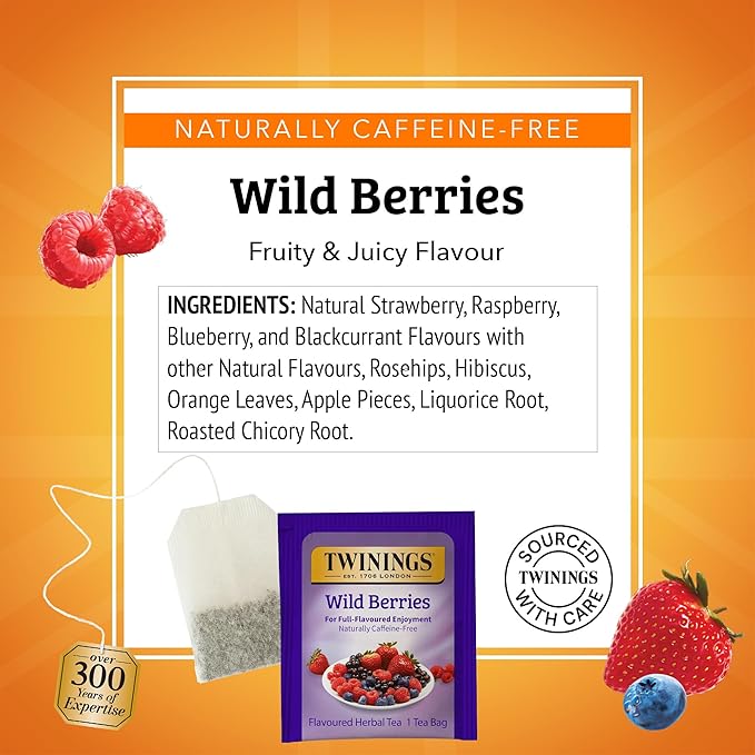 Twinings Wild Berries Herbal Tea Individually Wrapped Bags, 20 Count (Pack of 1), Full-Flavoured, Naturally Caffeine-Free, Enjoy Hot or Iced, 20 Teabags - Bloomnest