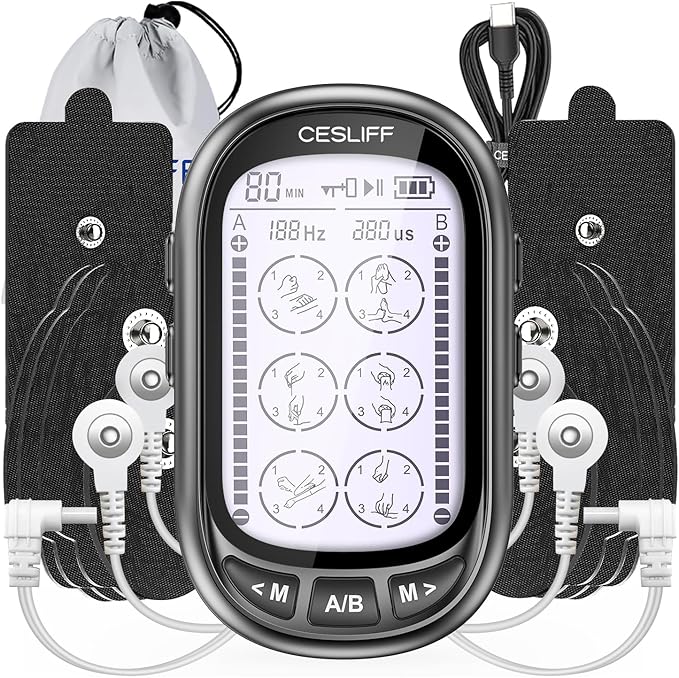 Dual Channel TENS EMS Unit 24 Modes 36 Levels, Upgraded Large Screen Intensity Muscle Stimulator for Back Neck Shoulder Pain Relief, Rechargeable Electric Pulse Massager TENS Machine with 10 Pads CESLIFF
